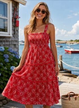 Mira Red & White Lobster Smocked Ruffle Strap Tiered Maxi Dress Size Small